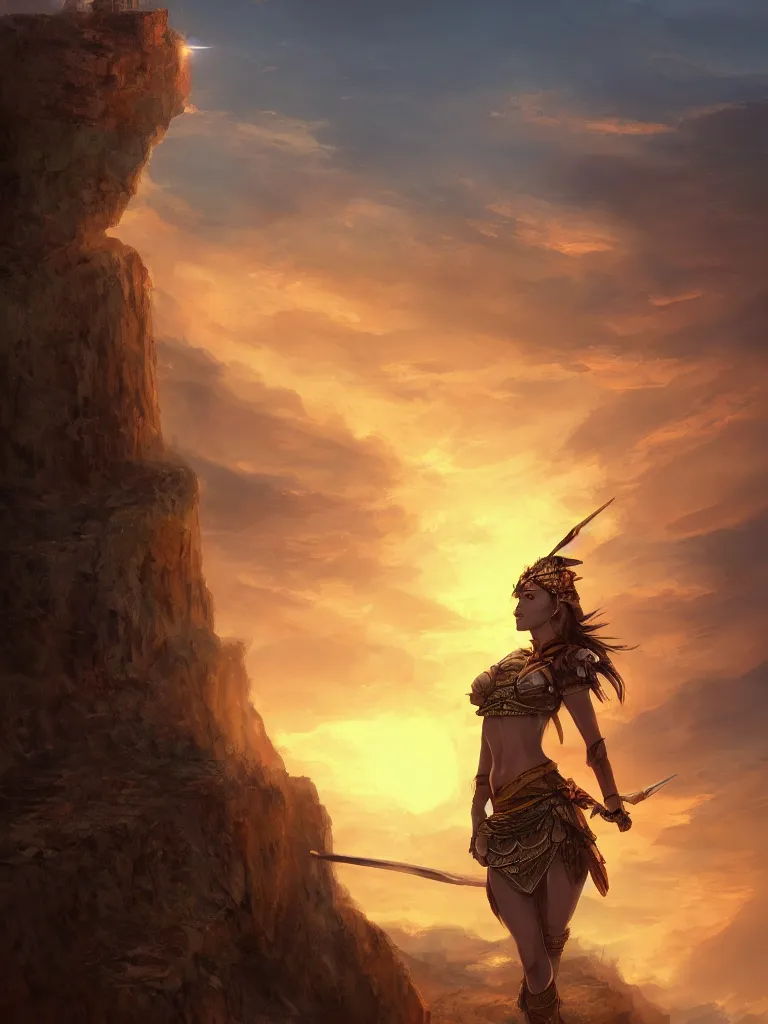 Image similar to an pretty warrior woman stands on a cliff facing the sun during a sunset, artistic composition, cinematic, highly detailed, sharp focus, intricate concept art, digital painting, colorful flat surreal design, hd, 8 k, artstation, ambient lighting