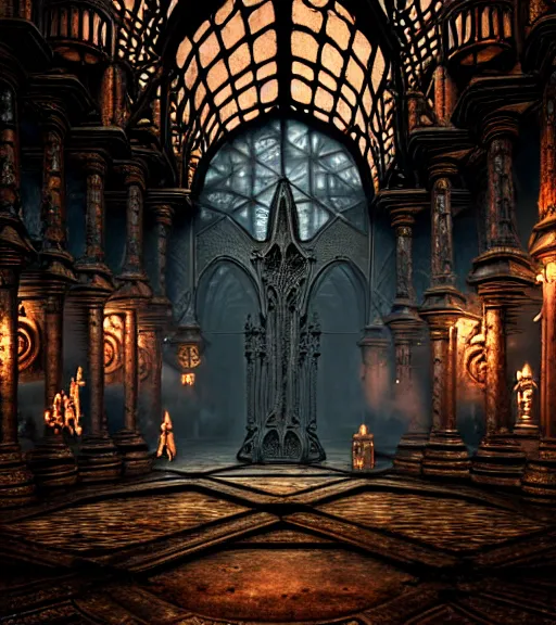 Image similar to steam necropolis, memento mori, gothic, neo - gothic, art nouveau, hyperdetailed copper patina medieval icon, stefan morrell, philippe druillet, ralph mcquarrie, concept art, steampunk, unreal engine, detailed intricate environment, octane render, moody atmospherics, volumetric lighting, ultrasharp, ominous, otherworldly