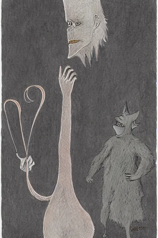 Image similar to Artwork by Maurice Sendak of Abe the Forgotten Beast, A towering humanoid composed of rose gold, with a gaunt appearance and a matted grey fur