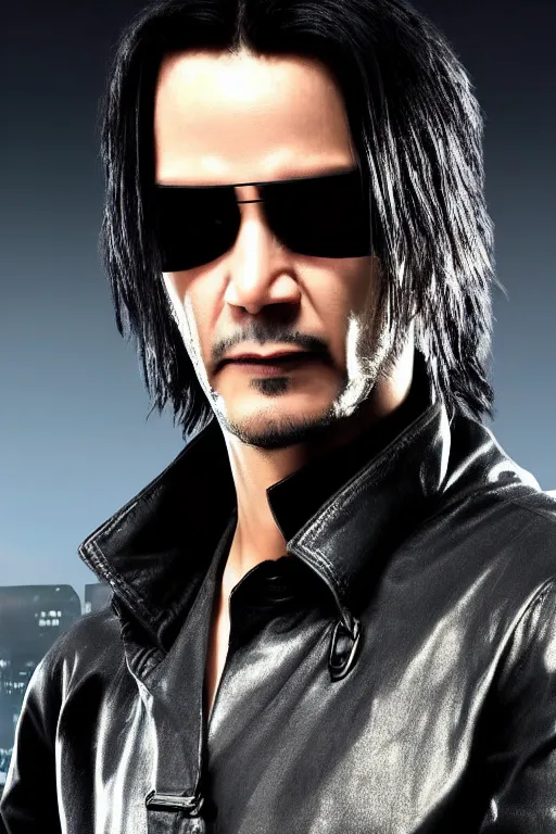 Prompt: a digital photograph of neo, as a young keanu reaves, as he returns to the matrix to battle the machines, wearing sun glasses and flowing black leather trench coat, extremely detailed, dark lighting, sharp focus, unreal engine, 8 k