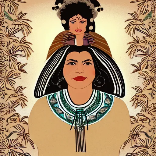 Image similar to beautiful illustration of a mexican woman of 4 0 years old, with curly black and silver hair, the woman has beautiful black eyes, her skin is light brown, she is dressed in shaman clothes, in the style of diego rivera