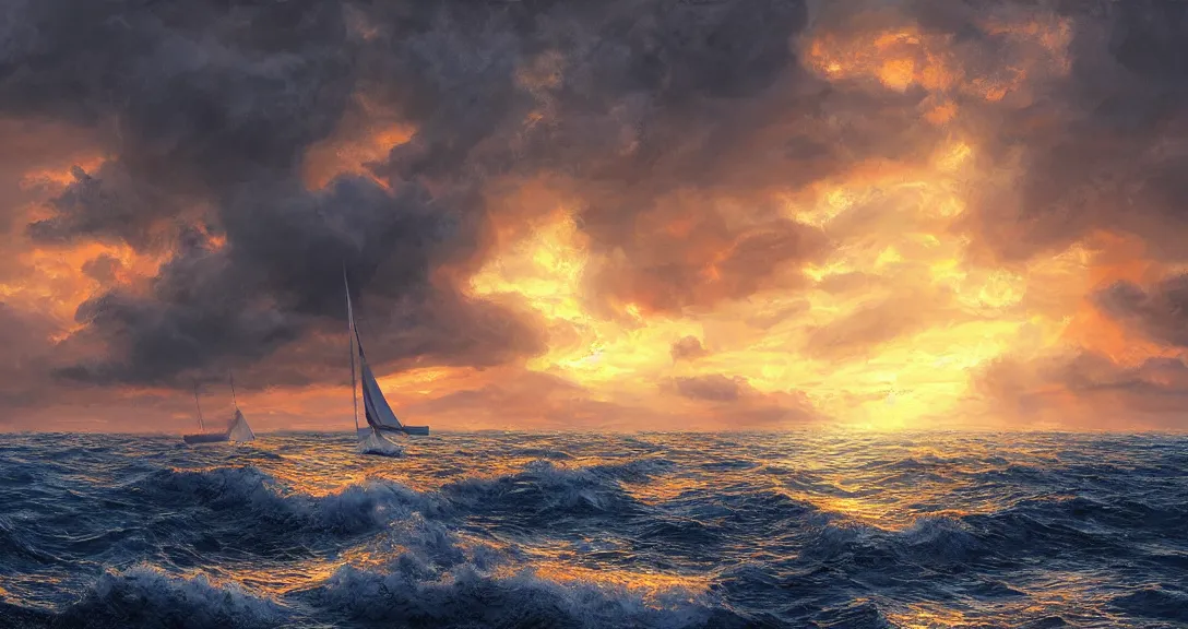 Image similar to sunrise over an stormy ocean, single sailboat, one mast, hyperdetailed oilpainting, ntricate, volumetric lighting, scenery, digital painting, highly detailed, artstation, sharp focus,