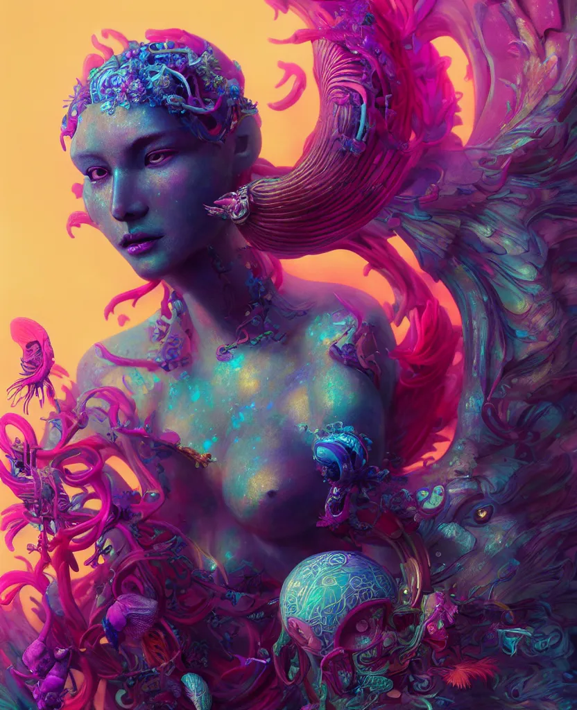 Image similar to goddess full color painted acryllic sculpture close-up portrait. orchid bird phoenix head, nautilus, skull, betta fish, bioluminiscent creatures, intricate artwork by Tooth Wu and wlop and beeple. octane render, trending on artstation, greg rutkowski very coherent symmetrical artwork. cinematic, hyper realism, high detail, octane render, 8k