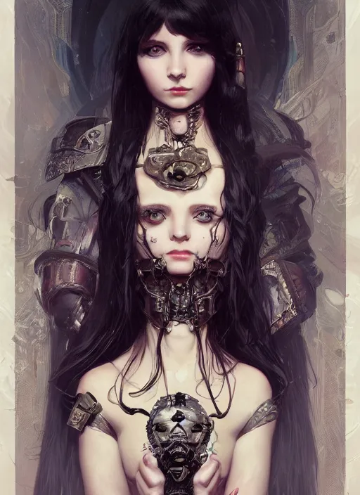 Image similar to portrait of cute little gothic girl, warhammer 40000, cyberpunk, intricate, elegant, highly detailed, digital painting, artstation, concept art, smooth, sharp focus, illustration, art by artgerm and greg rutkowski and alphonse mucha and Gustav Klimt