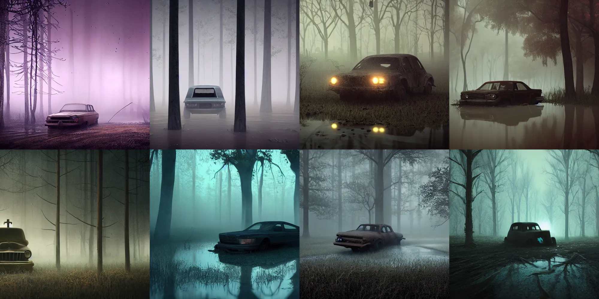 Image similar to beautiful dark creepy foggy swamp landscape, old abandoned car sinking, in the style of beeple and Mike Winkelmann, intricate, epic lighting, cinematic composition, hyper realistic, 8k resolution, unreal engine 5,