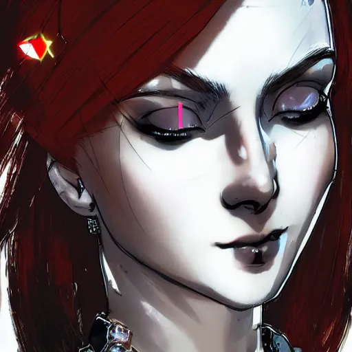 Image similar to beautiful pale - skinned goth girl with a red diamond on her forehead, yoji shinkawa