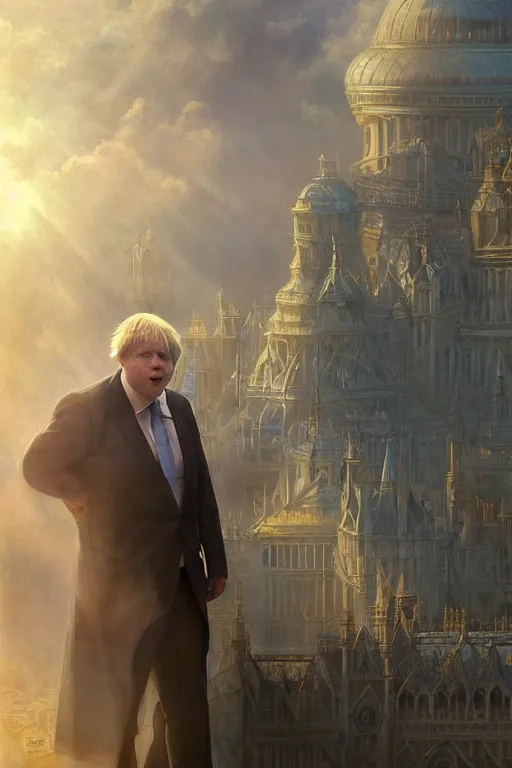 Prompt: a distant shot of Boris Johnson as Punsiher, masculine figure, bright hopeful atmosphere, volumetric lights, beam of bright light through the clouds, intricate, elegant, highly detailed, extremely detailed, digital painting, artstation, concept art, matte, smooth, sharp focus, hyper realistic, illustration, art by Artgerm and Greg Rutkowski and Alphonse Mucha