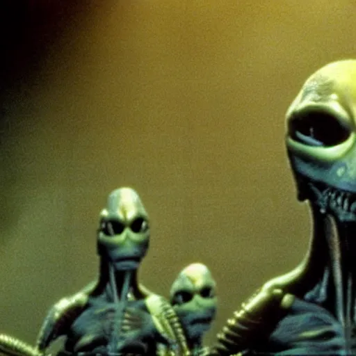 Prompt: movie still, 1 9 8 0 s, alien creatures, hyperdetailed, by ridley scott and john carpenter, blue leds