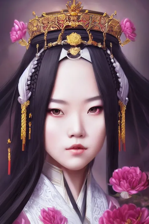 Image similar to a lovely and shiny young empress of qing dynasty, face by artgerm, ross tran, fuji choko, loish, 8 k resolution, attractive, symmetrical portrait, beautifully detailed landscape of ruin, trending on pixiv and pinterest, charming black eyes, luxury, perfect face, smooth, dreamlike