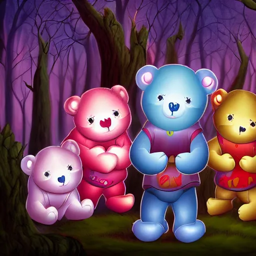 Image similar to demonic care bears in magical forest, dark atmosphere, high detail, soft lighting, 8 k