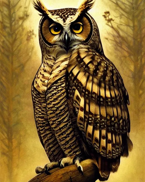 Image similar to beautiful owl, emotionally evoking symbolic metaphors, in focus, fantasy, ornamental, intricate, elegant, highly detailed digital painting, artstation, concept art, painterly, golden ratio, sharp focus, illustration, art by John Collier and Krenz Cushart and Artem Demura and Rafael and Alphonse Mucha,