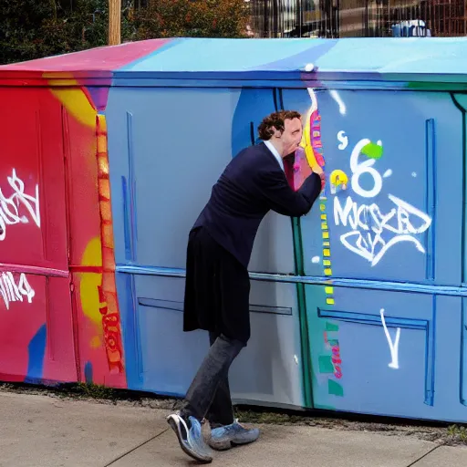 Prompt: mark zuckerburg huffing paint behind graffiti dumpster