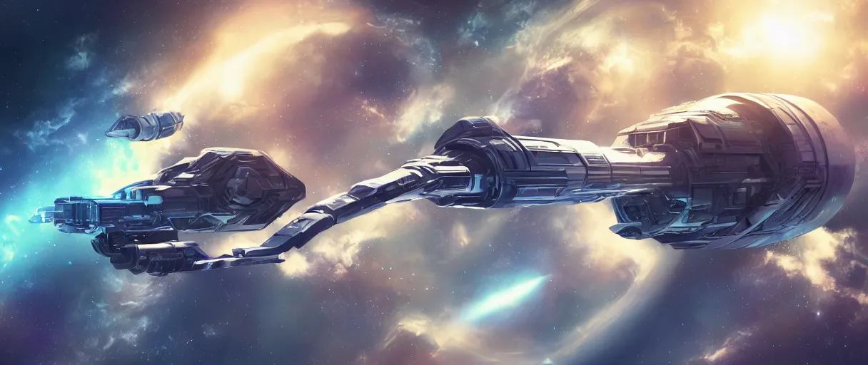 Image similar to concept art, small industrial design spaceship drifting in space, very large scales, wide angle, cinematic lighting, 4k, widescreen ratio, blunt shapes, poster art