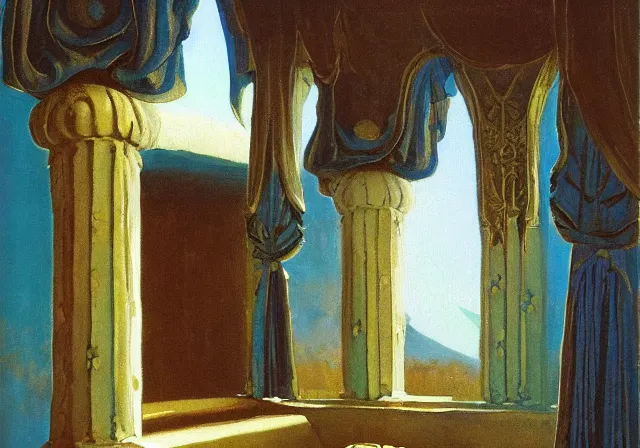 Image similar to a detailed oil painting of a arabian french large ball room, pillar, ominous,, curtains, by nicholas roerich, by gustave moreau, by frank frazetta, by hans emmenegger, by bruce pennington, by eyvind earle, moisture, grainy, highly detailed, realistic, outline, line,