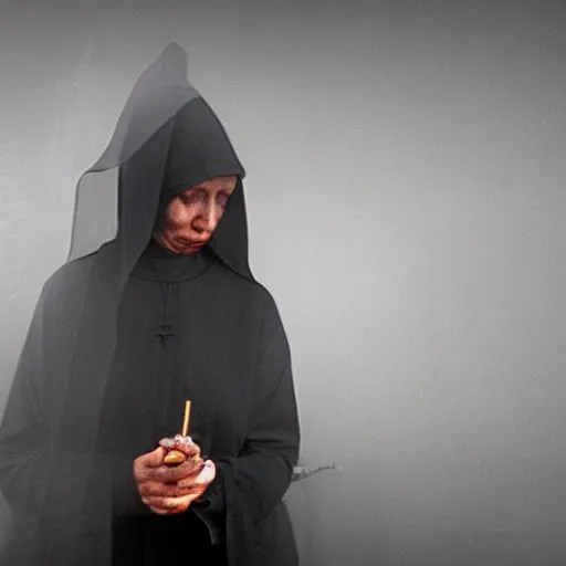 Image similar to a black nun smoking a joint and puffing lots of smoke, by Beksinski, lens flares, minimalistic background