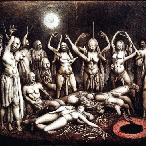 Prompt: Members of a cult gather and summon a Blood Moom, surreal, dark, detailed, intricate, made by Leonardo Da Vinci and H R Giger