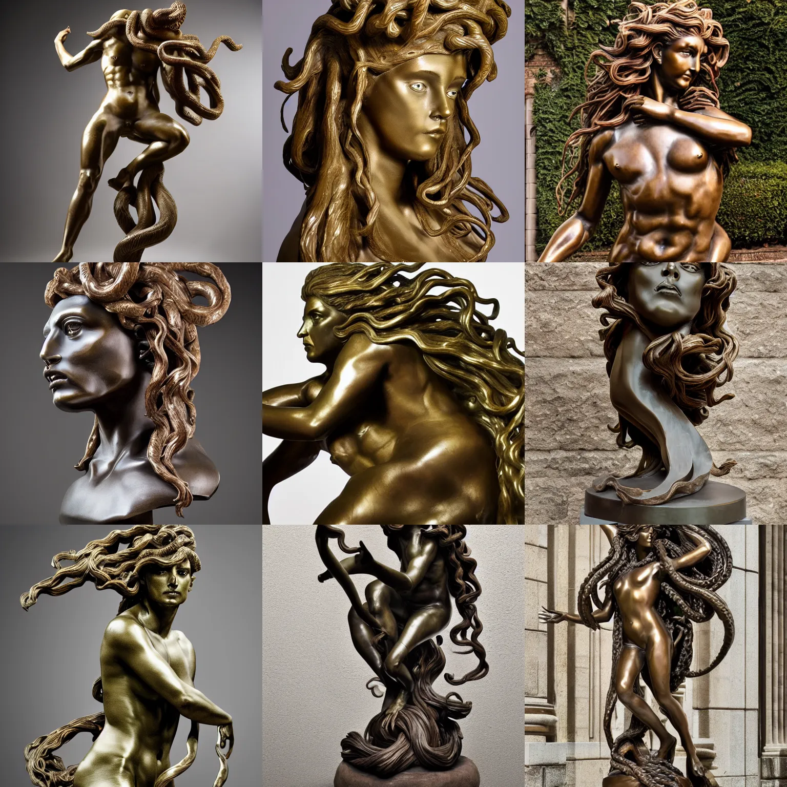 Prompt: bronze sculpture of medusa, in the style of michelangelo, very long hair, full body, professional photography, dynamic and dominant