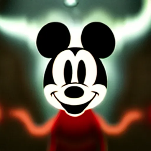 Image similar to Mickey Mouse as a demon, photorealistic, film still, desolate