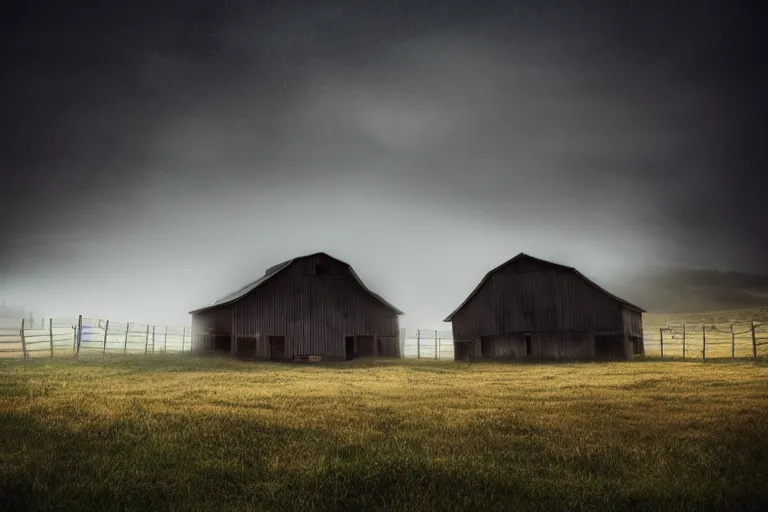 Prompt: a realistic photograph of a barn at night with ghosts, dark, moody, fog, volumetric lighting, cinematic