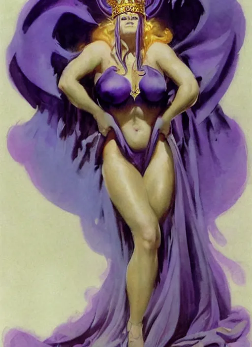 Image similar to portrait of mighty plump female sorceress, blue tiara, purple robe and veil, lightning halo, strong line, muted color, beautiful! coherent! by frank frazetta, by boris vallejo