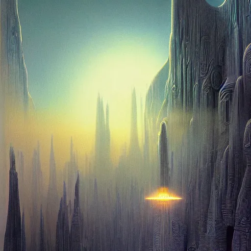 Image similar to The world is labyrinthine beyond possibility of imagining, inhabited on many levels by alien intelligence, infinite in extent, staggering in its beauty, terrifying in its weirdness, endlessly satisfying and peculiar, by Ralph McQuarrie and Bruce Pennington, cinematic lighting, hyper realism, high detail, iridescent accents