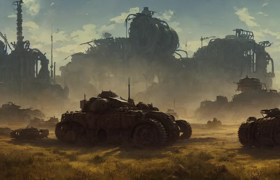 Image similar to concept art of a dusty field with ruined dieselpunk orcish tanks in the background, key visual, ambient lighting, highly detailed, digital painting, artstation, concept art, sharp focus, by makoto shinkai and akihiko yoshida and hidari and wlop