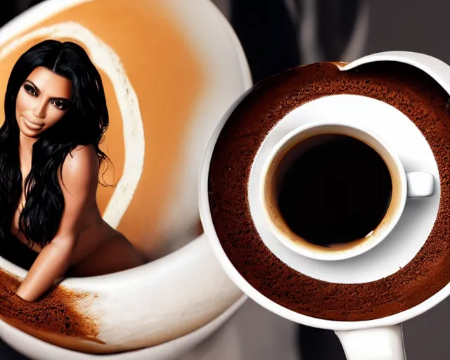 Image similar to Kim Kardashian inside a giant cup of coffee, cinematic, highly detailed, HD, 4K, professional image, professional lighting