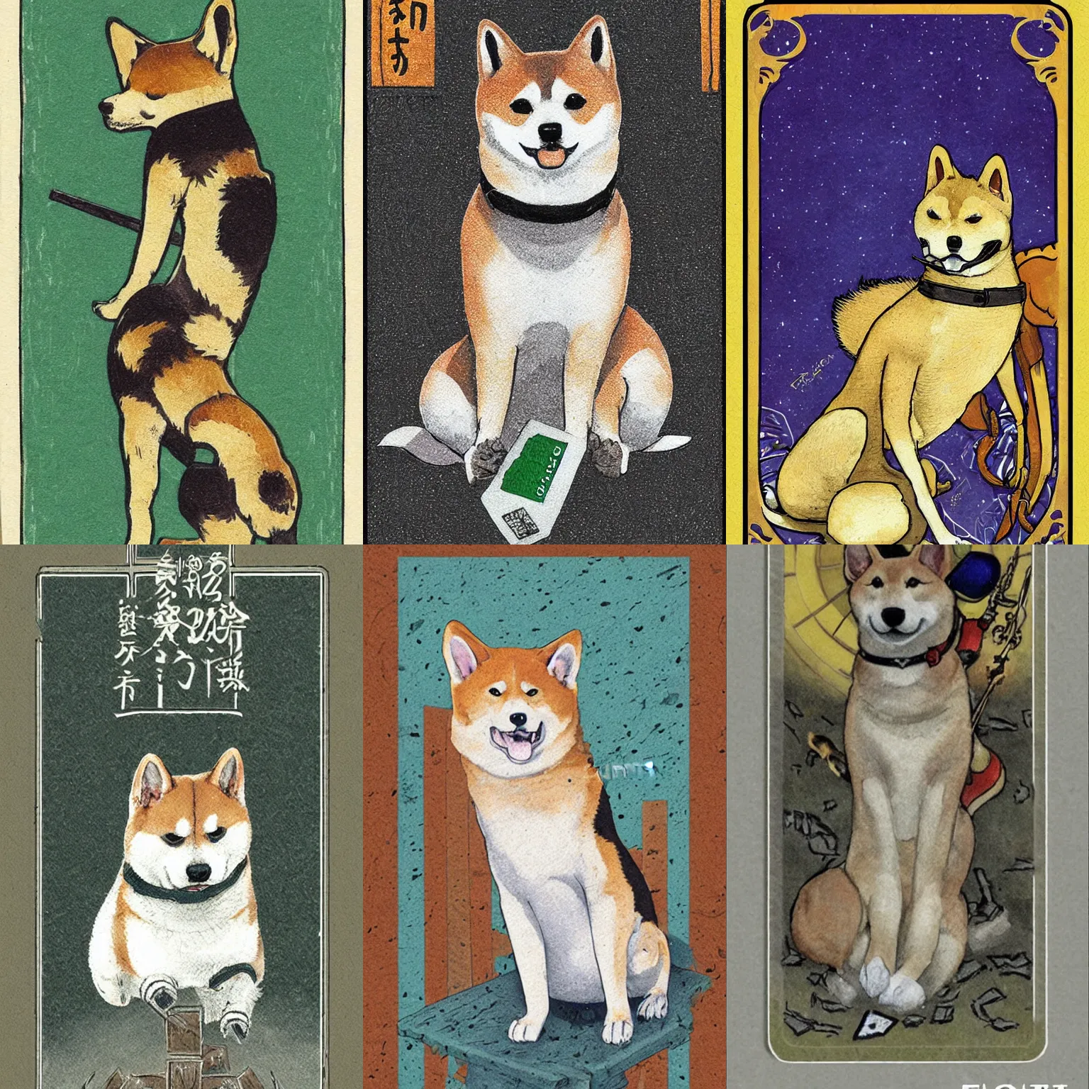 Prompt: tarrot card of death, Shiba Inu, art by Fergus Hall