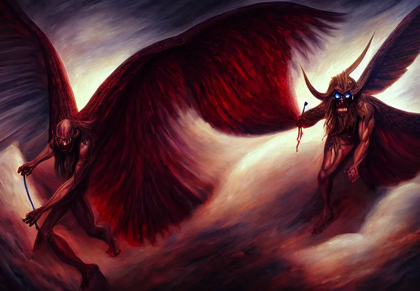 Image similar to demon afraid of an angel painting, good vs evil, highly detailed, digital painting, smooth, beautiful angle, weak demon, sharp focus, illstration, ultra realistic, dmon vs angle, heaven vs hell, 8 k, strong and powerful angle, confident angle