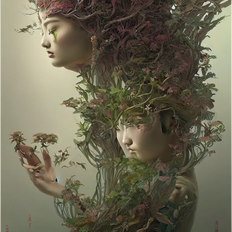 Prompt: breathtaking detailed concept art painting art deco portrait of a gaea goddess amalgamation plants, by hsiao - ron cheng, bizarre compositions, exquisite detail, extremely moody lighting, 8 k