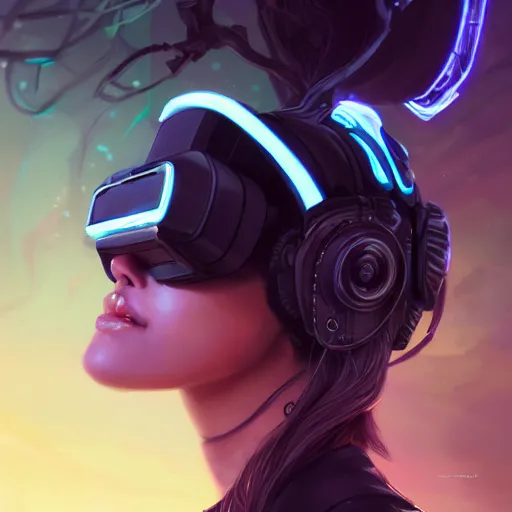 Image similar to portrait of a beautiful cybernetic raver girl wearing a vr headset, cyberpunk concept art by pete mohrbacher and artgerm and wlop and deathburger, digital art, highly detailed, intricate, fantasy, mystical, sharp focus, Trending on Artstation HQ, deviantart, unreal engine 5, 4K UHD image