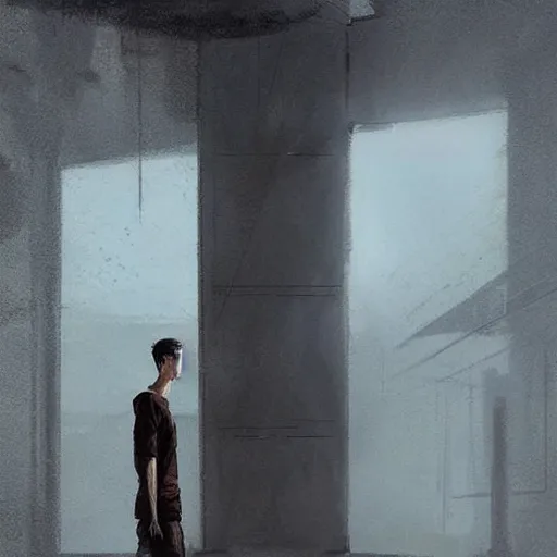 Image similar to concept art by greg rutkowski, a very tall and slender young man, dressed in patient clothes and an open sweatshirt, wandering through the desolate, futuristic, brutalist interior of a space colony, depressing atmosphere, low lighting, scifi, highly detailed portrait, digital painting, artstation, concept art, smooth, sharp foccus ilustration, artstation hq