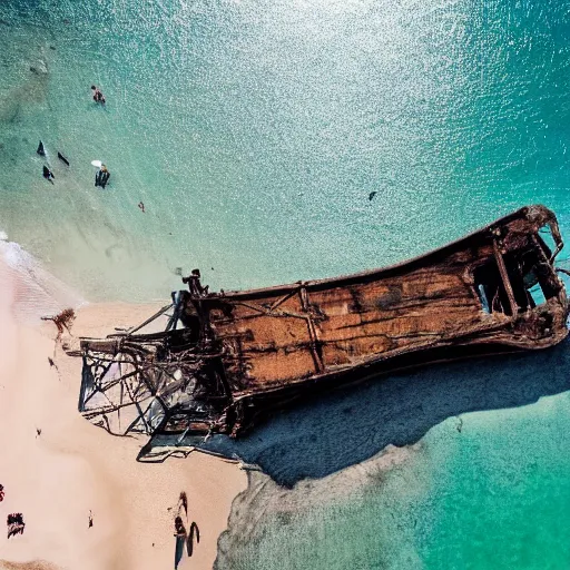 Prompt: drone shot of a beached pirate ship, beach