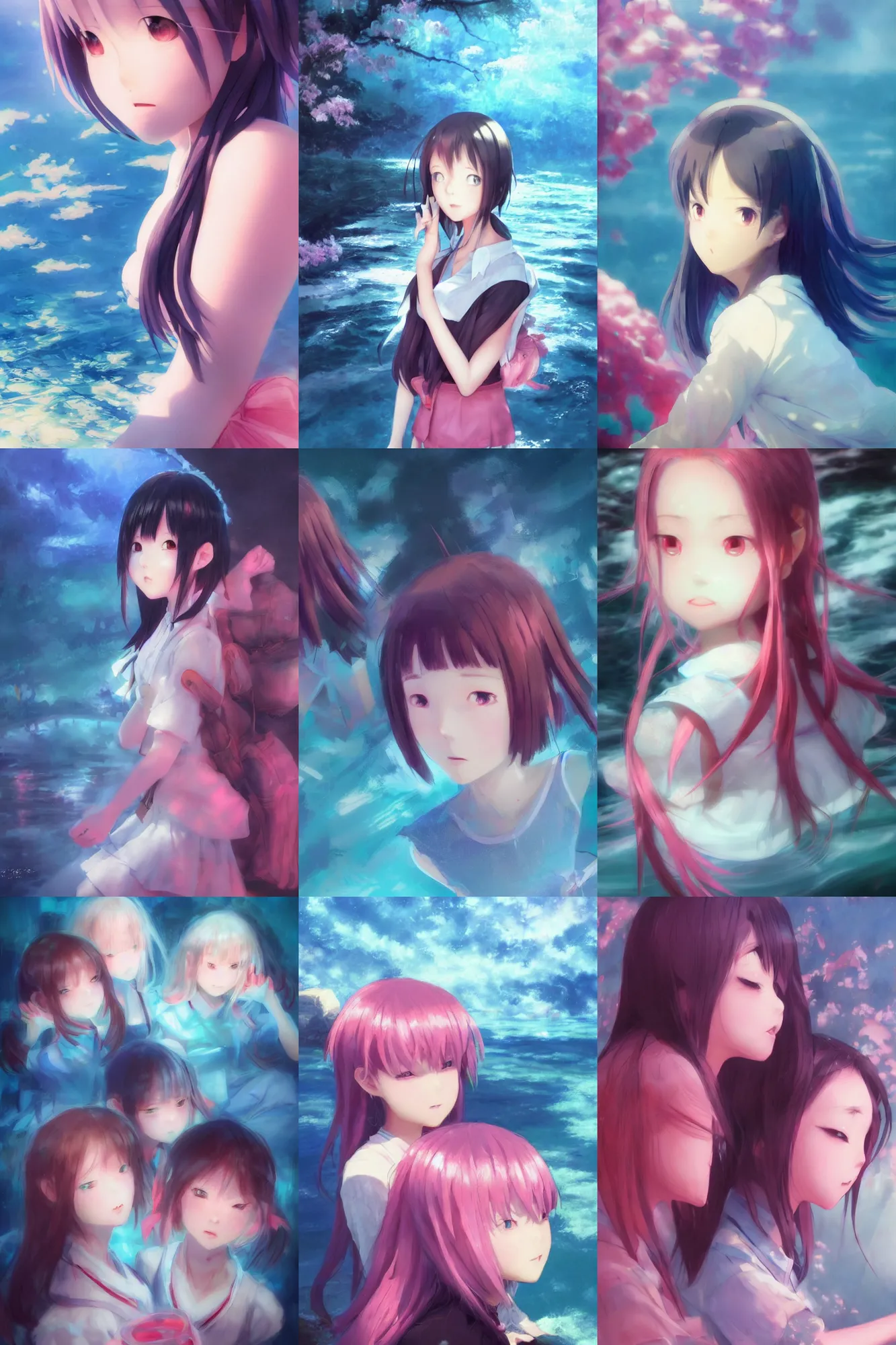 Prompt: 3d infrared octane render concept art by Mo Xiang Tong Xiu, by Igarashi Daisuke, by makoto shinkai, cute beauty portrait anime sad schoolgirls under dark pink and blue water. light rays. deep water bellow. beautiful and cutest sad face. dramatic deep light, trending on artstation, oil painting brush