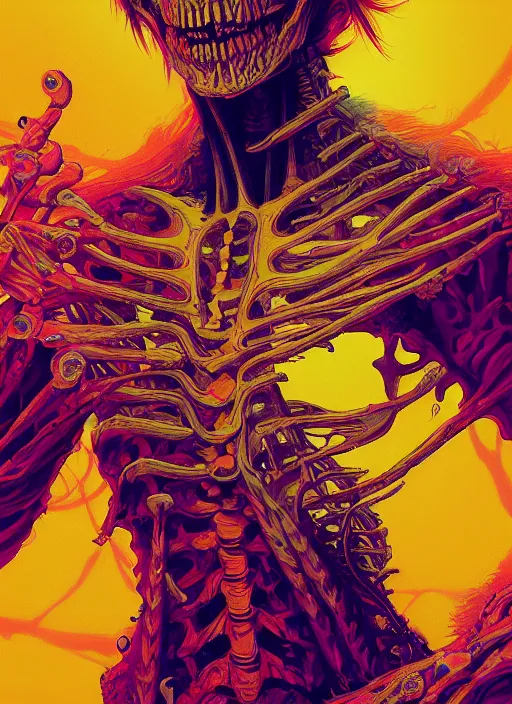 Prompt: A psychedelic portrait of semiurge skeleton vibrant color scheme, highly detailed, in the style of romanticism, cinematic, artstation, Moebius, Greg rutkowski