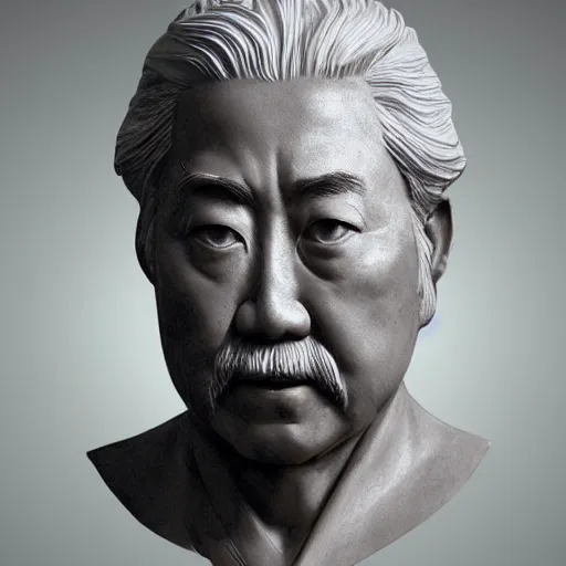 Image similar to beautiful lifelike award winning marble statue bust of pat morita trending on art station artgerm greg rutkowski alphonse mucha museum quality cinematic atmospheric
