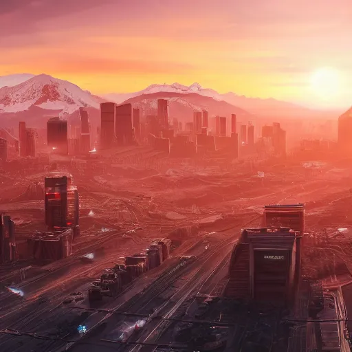 Prompt: beautiful sunset over detailed cyberpunk suburb in a valley surrounded by epic mountains with snowtops, sharp, highly detailed, hyperrealistic, 4 k, - i