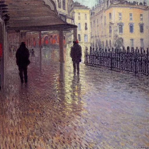 Image similar to painting of a guy with white hoodie and headphones at a bus stop in genoa rainy day by monet