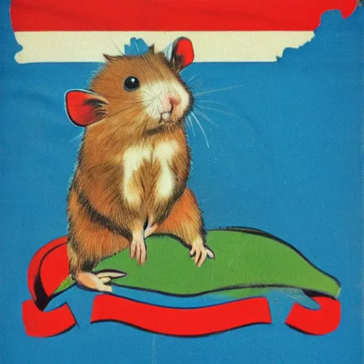 Image similar to yugoslav propaganda poster, a hamster, there is a yugoslav flag waving in the background.