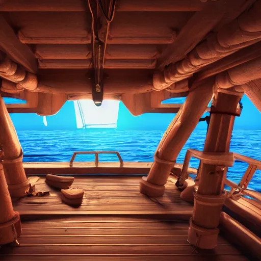 Image similar to pirate ship interior, view of ocean, background, octane render, beautiful, 8 k,