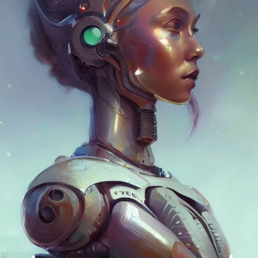 Image similar to a beautiful portrait of a robot goddess, a detailed painting by greg rutkowski and raymond swanland, featured on cgsociety, fantasy art, detailed painting, artstation hd, photorealistic