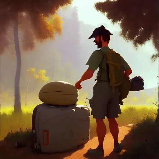 Image similar to goro fujita ilustration hiker unloading the car before camping, characterized by william adolphe bouguereau, character art, sharp focus, highly detailed, artstation