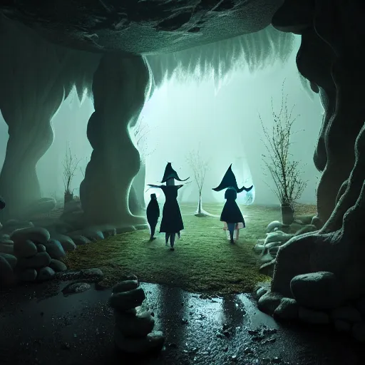 Prompt: witches walking through a magical portal in an ethereal cave ,highly detailed, 4k, HDR, award-winning, artstation, octane render