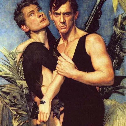 Image similar to james bond as the cover model of a synthwave romance novel, cheeky grin, by edgar maxence and caravaggio and michael whelan and delacroix