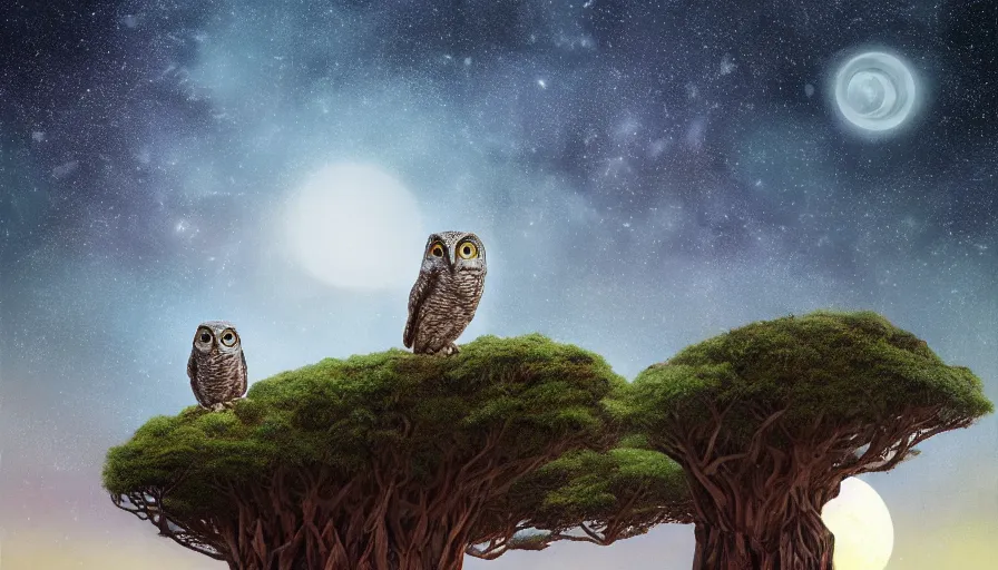 Image similar to very very small owl, sitting on a gigantic banyan tree in moonlit socotra island by ilya kuvshinov, starry night, rtx rendering, octane render 1 2 8 k, maya, extreme high intricate details by tom bagshaw, medium shot, close up shot, composition by sana takeda, lighting by greg rutkowski