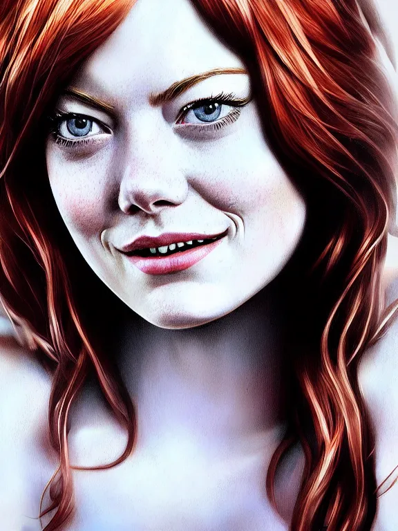 Prompt: emma stone as a young mary jane watson, digital painting, extremely detailed, 4 k, intricate, brush strokes, mark arian, artgerm, bastien lecouffe - deharme