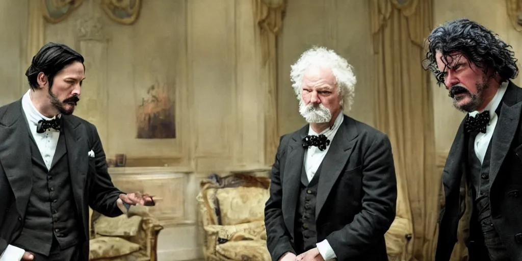 Prompt: Keanu Reeves and Tom Hardy as Mark Twain and Winston Churchill in 'T-Waain vs. C-hill: The Rap Battle of the century' (2017), movie still frame