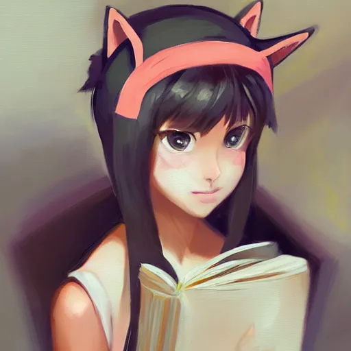 Prompt: Girl with cat ears studying from a textbook, expressive oil painting, matte art, digital art, trending on artstation, anime style, beautiful lightning, atmospheric