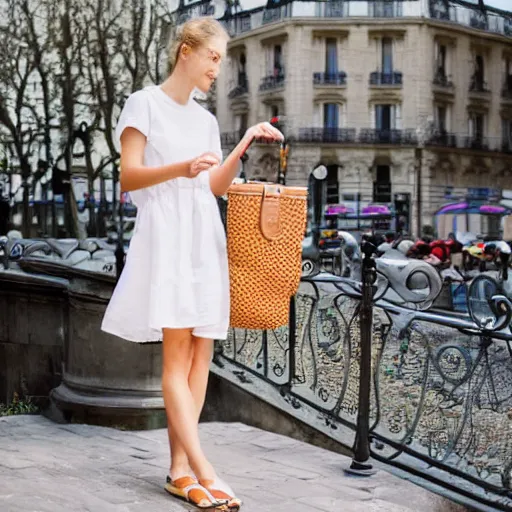 Image similar to beautiful tourist girl in a summer dress, walking in paris with her suitcase, cozy afternoon