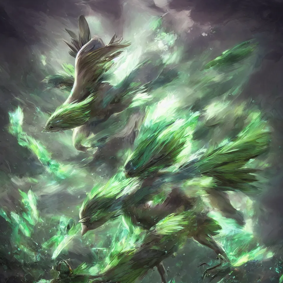 Image similar to a cute beautiful earth type pokemon, green feathers bursting out of his hair, full body shot, highly detailed digital art, 3 d perspective, award - winning illustration, aesthetic, smooth, pokemon style, made by greg rutkowski, with an alien landscape in the background